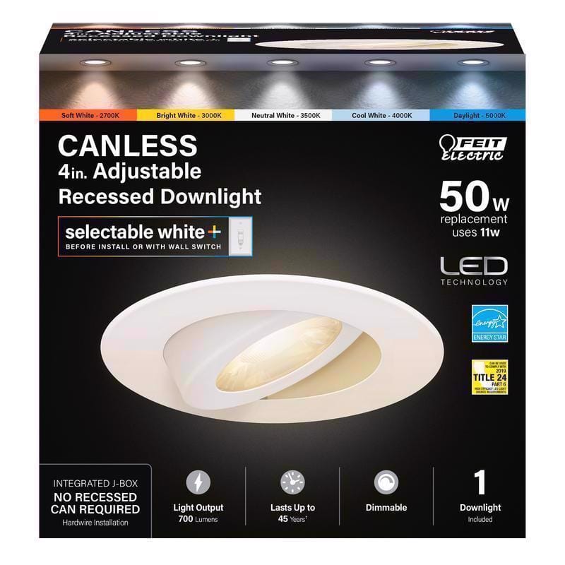 Feit LEDR4XTADJ6WYCA White 5 in. W Aluminum LED Canless Recessed Downlight 11 W