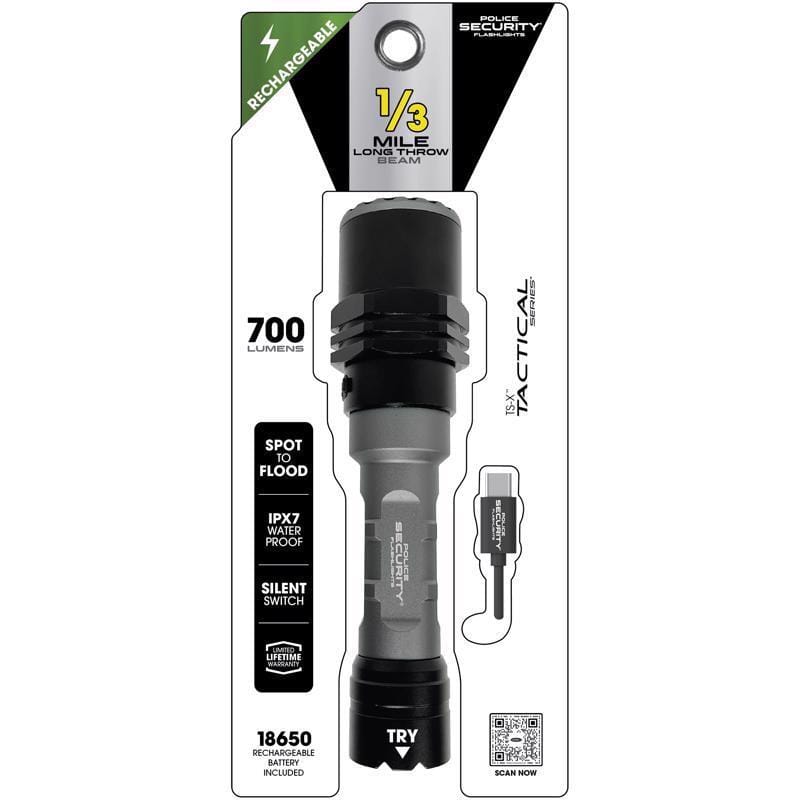 Police Security 97739 Tactical 700 lm Black/Gray LED Rechargeable Flashlight 18650 Battery
