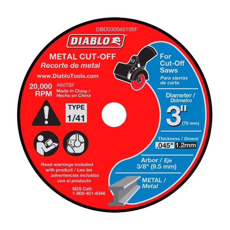 Diablo DBD030045105F 3 in. D X 3/8 in. X .045 in. thick Aluminum Oxide Thin Kerf Metal Cut-Off Disc 5 pk