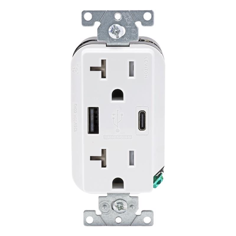Leviton AC2X3-0BW Decora 20 amps 125 V Type A/C Duplex White Outlet and USB Charger 5-15R 1 pk
