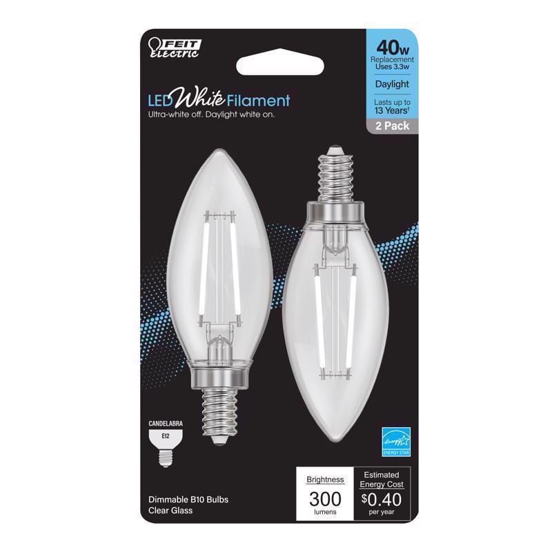 Feit BPCTC40950WFIL2 White B10 E12 (Candelabra) Filament LED Bulb Daylight 40 Watt Equivalence 2 pk