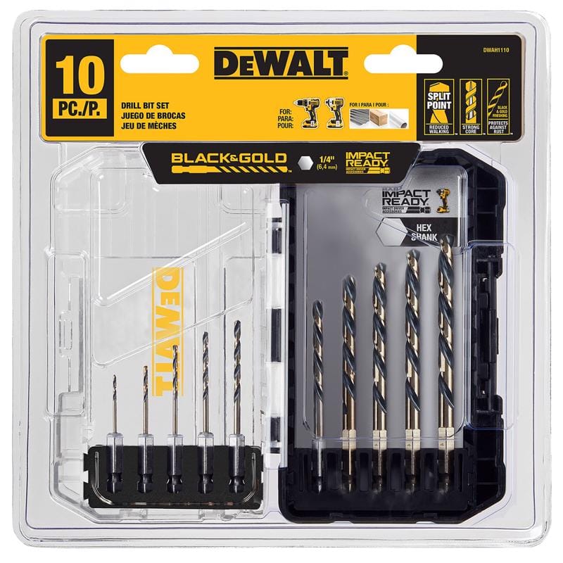 Dewalt DWAH1110 Black & Gold Assorted High Speed Steel Impact Ready Drill Bit Set Hex Shank 10 pc