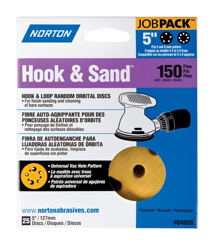 Norton 07660704059 Hook & Sand 5 in. Aluminum Oxide Hook and Loop A290 Sanding Disc 150 Grit Fine 25 pk