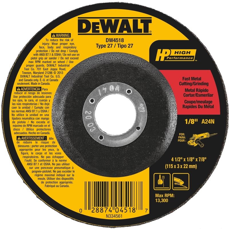 Dewalt DW4518 High Performance 4-1/2 in. D X 7/8 in. X 1/8 in. thick Aluminum Oxide Cutting/Grinding Wheel