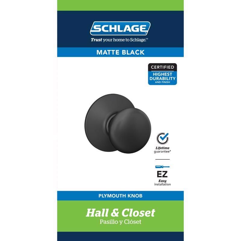 Schlage F10 G PLY 622 F-Series Plymouth Matte Black Passage Knob