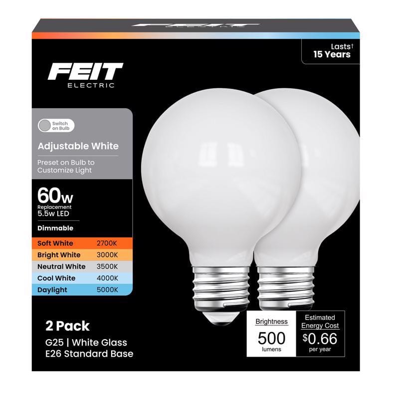 Feit Electric G2560W5CCTFIL/2 Feit G25 E26 (Medium) LED Bulb Adjustable White 60 Watt Equivalence 1 pk