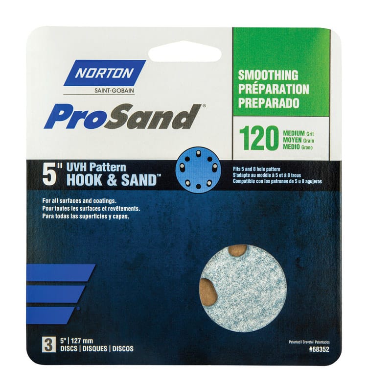 Norton 07660768352 ProSand 5 in. Ceramic Alumina Hook and Loop Sanding Disc 120 Grit Medium 3 pk