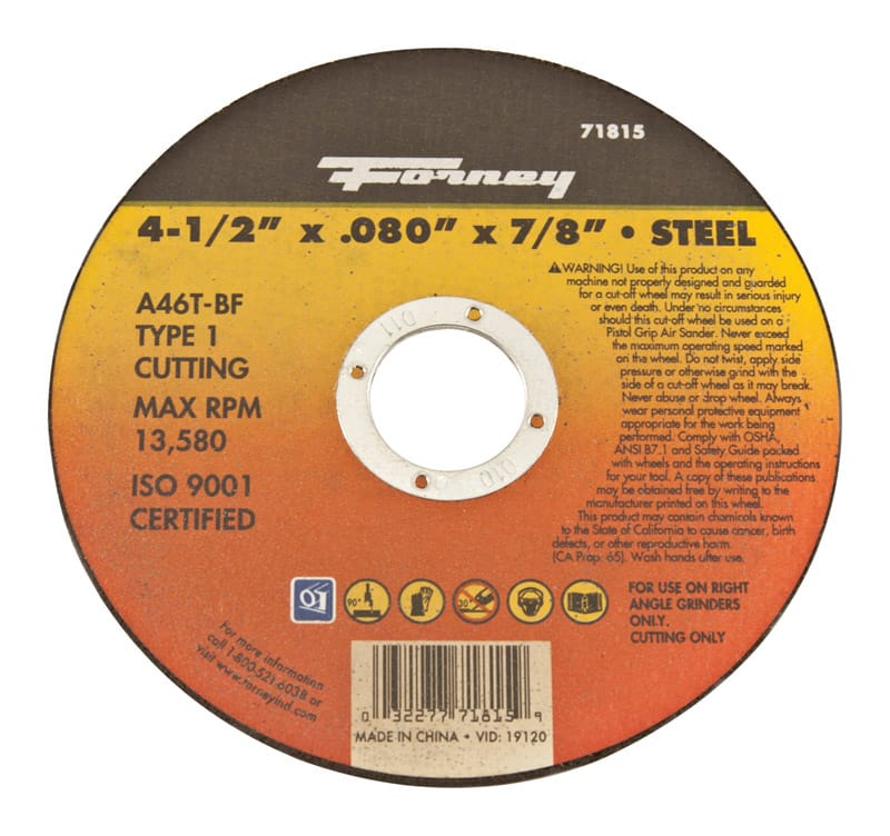 Forney 71815 4-1/2 in. D X 7/8 in. X 0.08 in. thick Aluminum Oxide Metal Cut-Off Wheel 1 pc