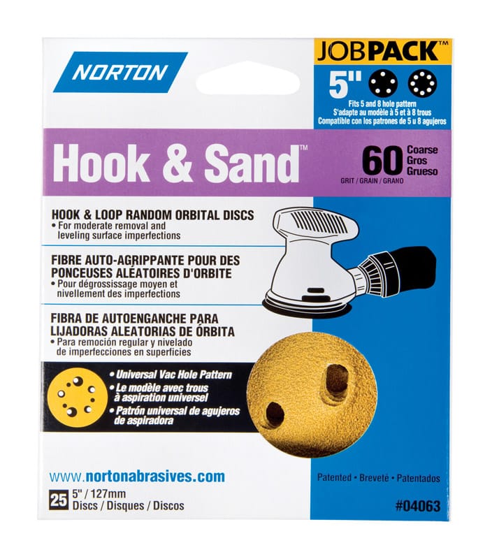 Norton 07660704063 Hook & Sand 5 in. Aluminum Oxide Hook and Loop A250/A290 Sanding Disc 60 Grit Coarse 25 pk
