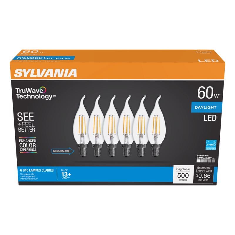 Sylvania 41322 Truwave B10 E12 (Candelabra) LED Bulb Daylight 60 Watt Equivalence 6 pk