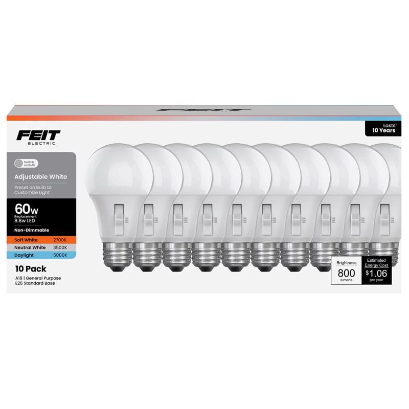 Feit Electric OM603CCTCA10K10 Feit A19 E26 (Medium) LED Bulb Adjustable White 60 Watt Equivalence 10 pk