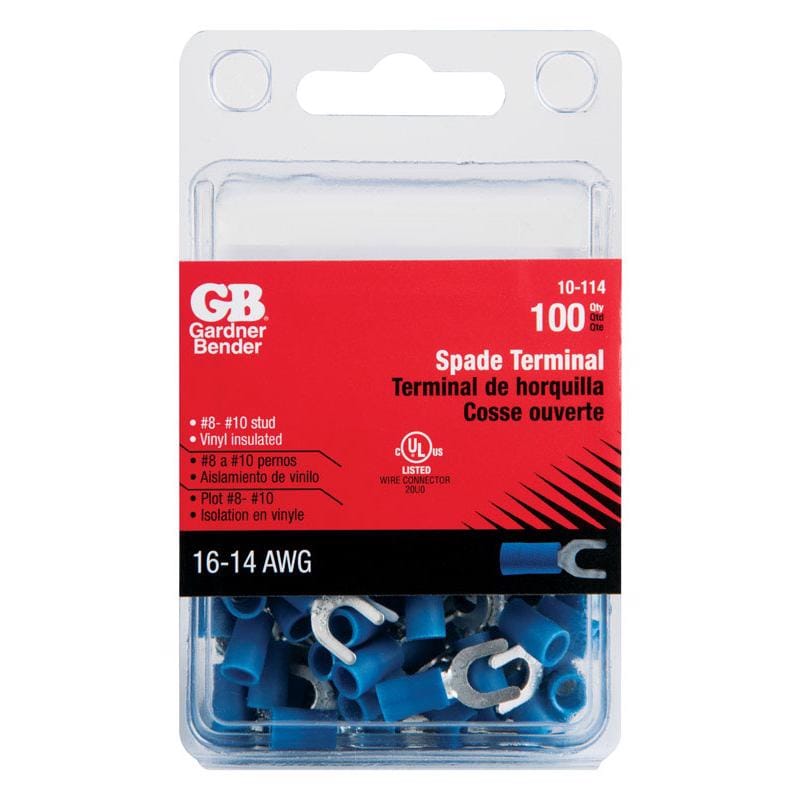 Gardner Bender 10-114 16-14 Ga. Insulated Wire Spade Terminal Blue 100 pk