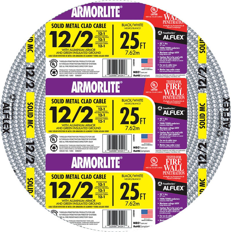 Southwire 68580021 25 ft. 12/2 Solid Aluminum Armored MC Cable