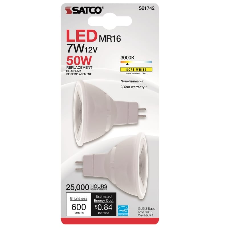 Satco S21742 MR16 GU5.3 LED Bulb Soft White 50 Watt Equivalence 2 pk