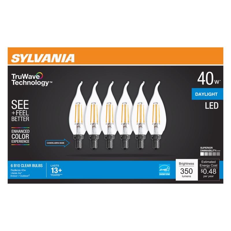 Sylvania 41320 Truwave B10 E12 (Candelabra) LED Bulb Daylight 40 Watt Equivalence 6 pk