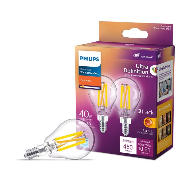 Philips 564450 Ultra Definition A15 E12 (Candelabra) LED Bulb Soft White 40 Watt Equivalence 2 pk