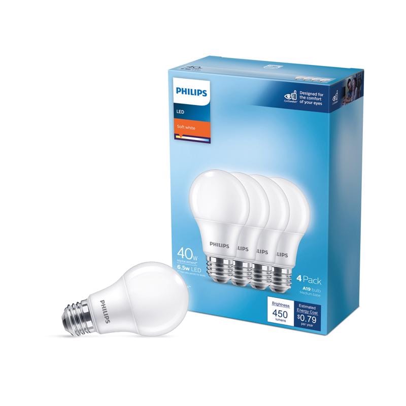 Philips 565341 A19 E26 (Medium) LED Bulb Daylight 40 Watt Equivalence 4 pk