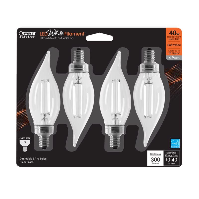 Feit BPCFC40927WFIL4 White BA10 E12 (Candelabra) Filament LED Bulb Soft White 40 Watt Equivalence 4 pk