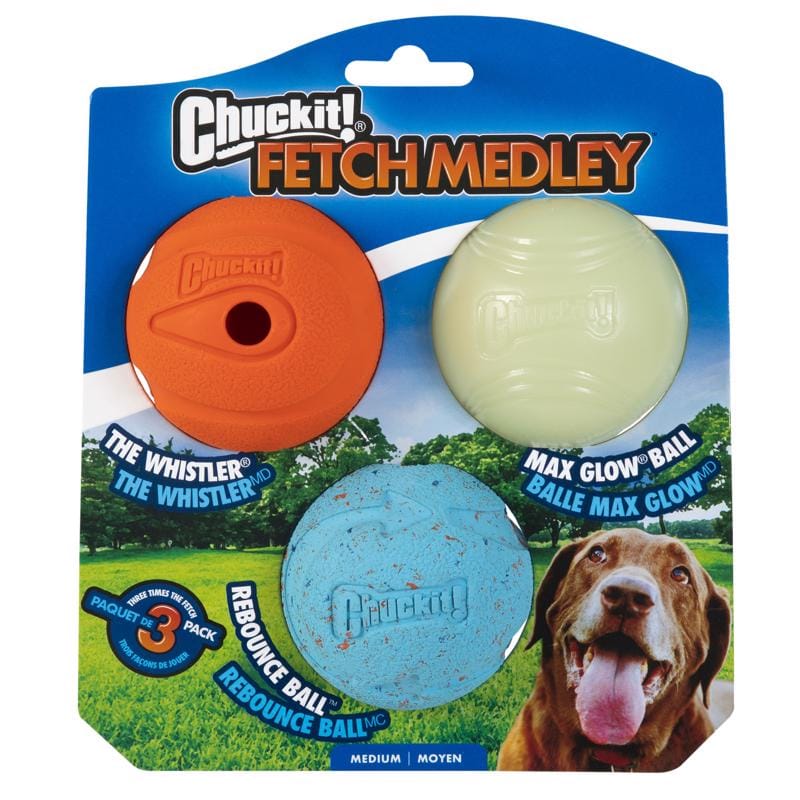 Chuckit! 0520520 For Dog Assorted Rubber Glow, Whistler and Rebounce Bounce Ball Medium 3 pk