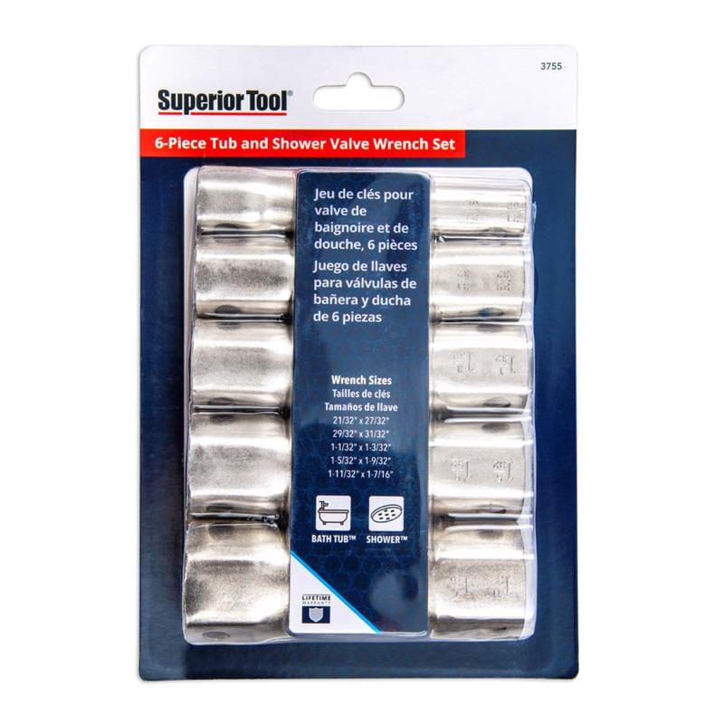 Superior Tool 3755 Shower Valve Socket Wrench Set Silver 6 pc