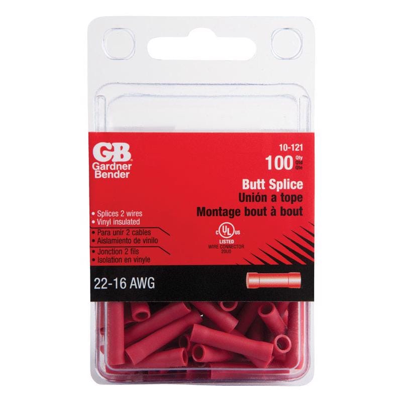 Gardner Bender 10-121 22-16 Ga. Insulated Wire Butt Splice Red 100 pk