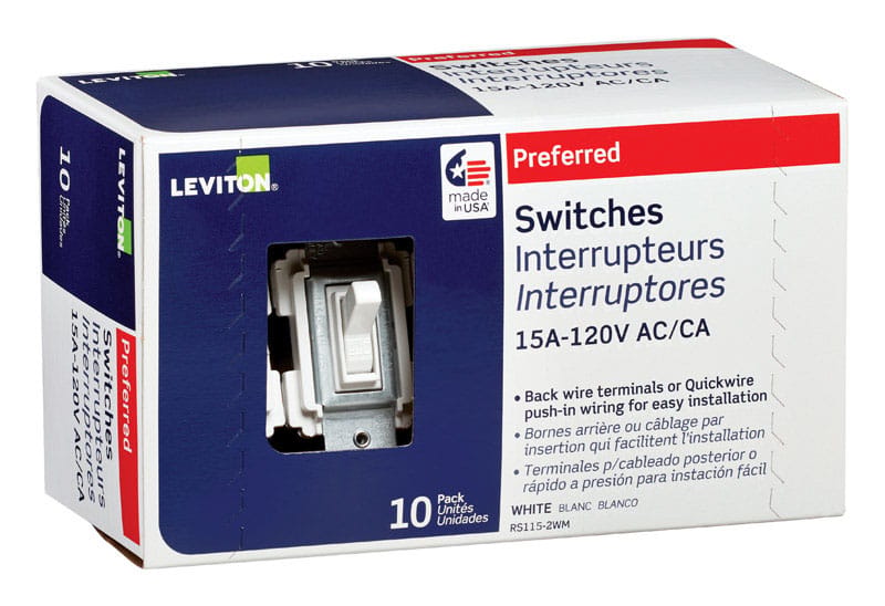 Leviton RS115-WM 15 amps Toggle AC Quiet Switch White 10 pk