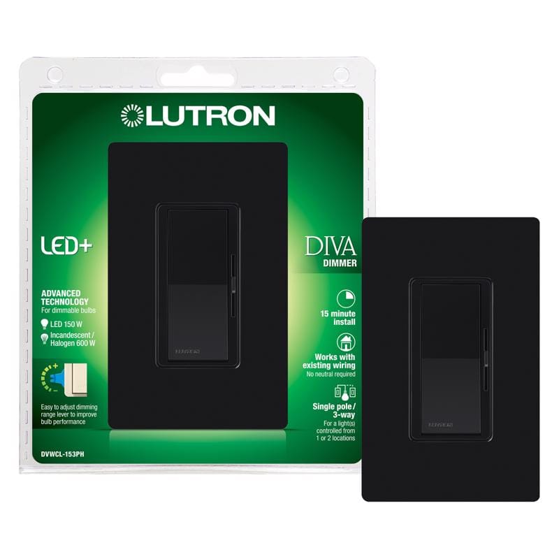 Lutron DVWCL-153PH-BL Diva Black 150 W Rocker Dimmer Switch 1 pk