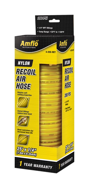 Amflo AMFL425ERET 25 ft. L X 1/4 in. D Nylon Recoil Air Hose 200 psi Yellow