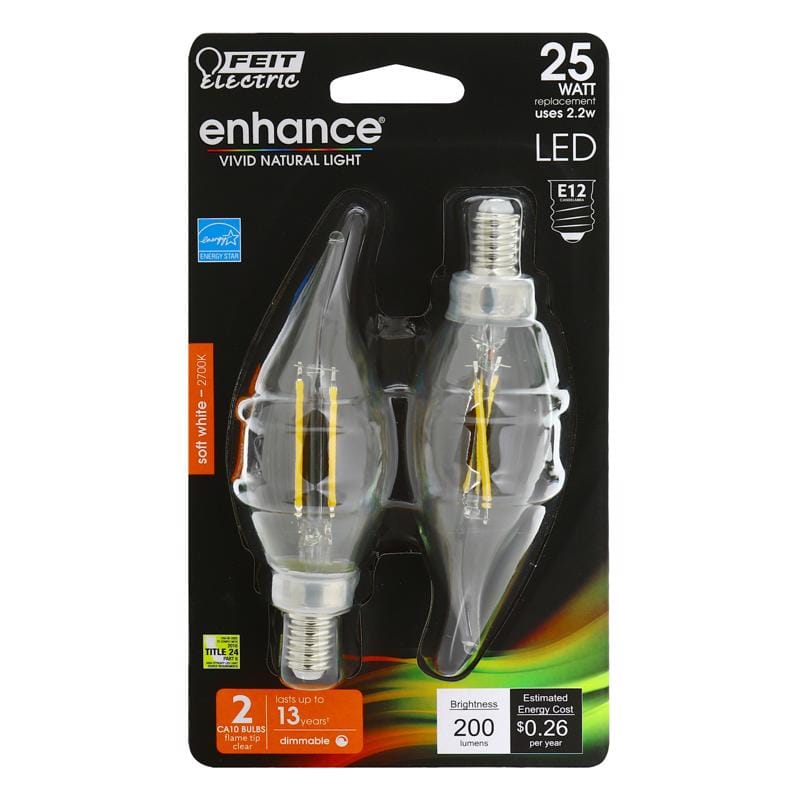 Feit BPCFC25927CAFL2 CA10 (Flame Tip) E12 (Candelabra) LED Bulb Soft White 25 Watt Equivalence 2 pk