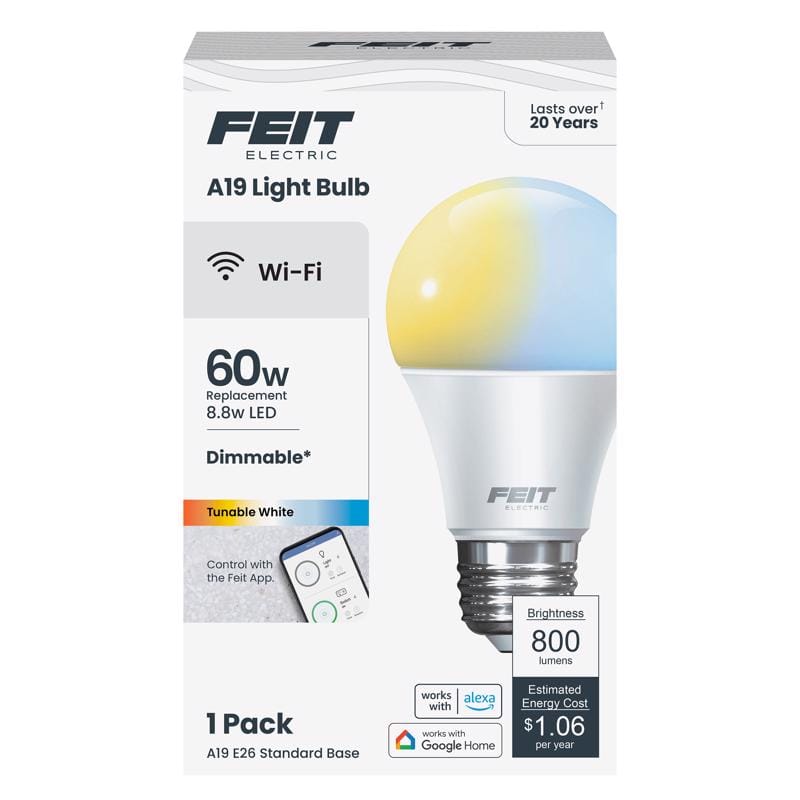 Feit Electric OM60/CCT/CA/AG Feit A19 E26 (Medium) Smart-Enabled LED Bulb Tunable White 60 Watt Equivalence 1 pk