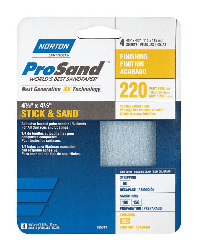 Norton 07660768177 ProSand 4-1/2 in. L X 4-1/2 in. W 220 Grit Aluminum Oxide Sanding Sheet 4 pk