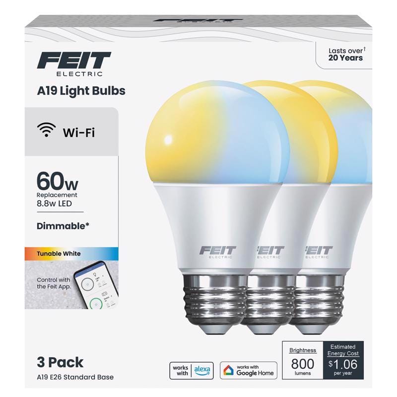 Feit Electric OM60/CCT/CA/AG3 Feit A19 E26 (Medium) Smart-Enabled LED Bulb Tunable White 60 Watt Equivalence 3 pk