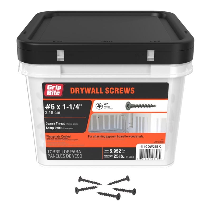 Grip-Rite 114CDW25BK No. 6 wire X 1-1/4 in. L Phillips Coarse Drywall Screws 25 lb 6450 pk