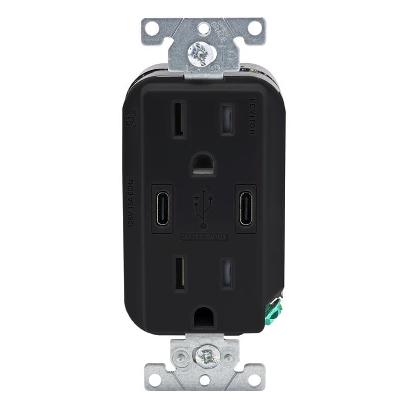 Leviton CC1X3-0BE Decora 15 amps 125 V Duplex and Type C Black Outlet and USB Charger 5-15R 1 pk