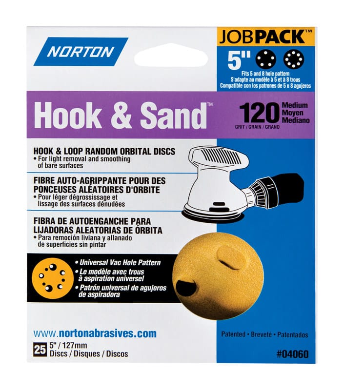 Norton 07660704060 Hook & Sand 5 in. Aluminum Oxide Hook and Loop A290 Sanding Disc 120 Grit Medium 25 pk