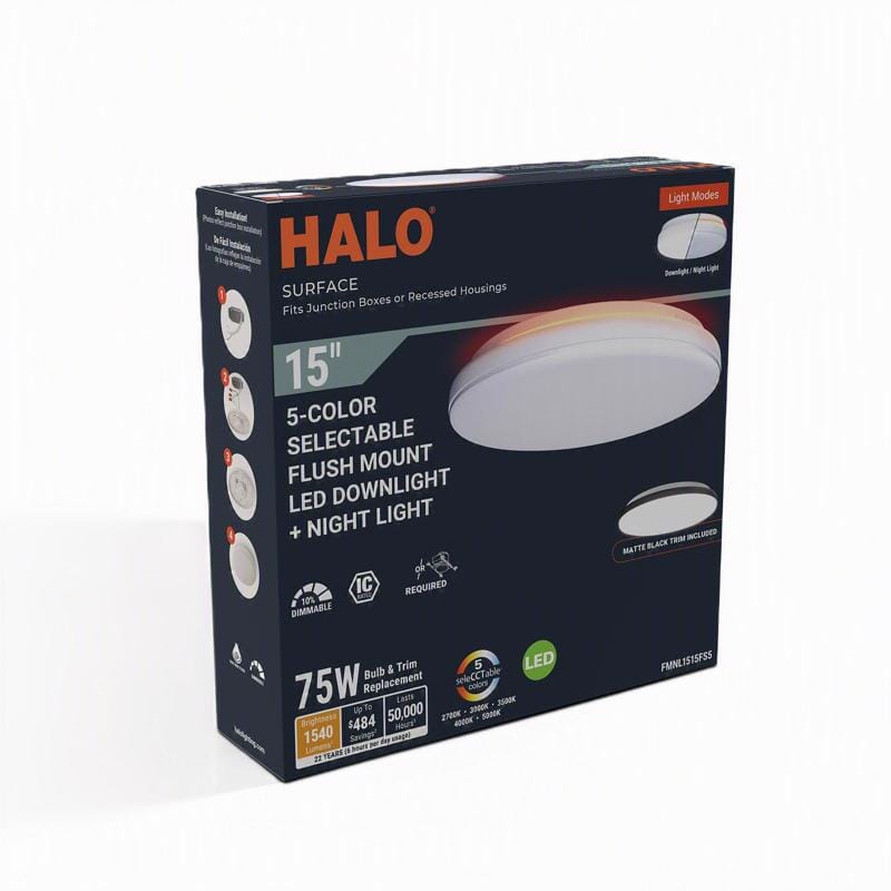 Halo FMNL1515FS5 3.17 in. H X 15 in. W X 15 in. L White LED Ceiling Light Fixture with Nightlight