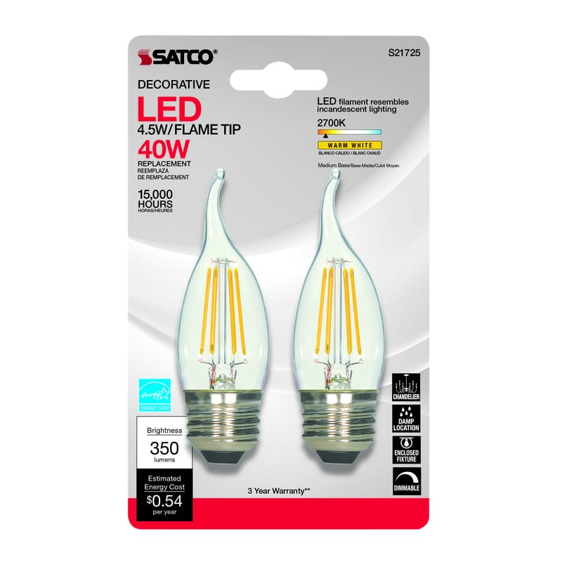 Satco S21849 CA10 (Flame Tip) E26 (Medium) LED Bulb Warm White 40 Watt Equivalence 2 pk