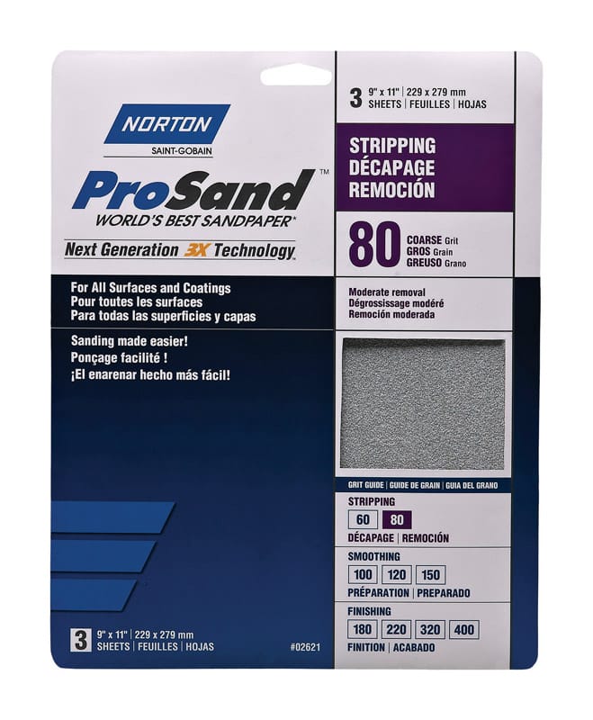 Norton 07660768163 ProSand 11 in. L X 9 in. W 80 Grit Aluminum Oxide Sandpaper 3 pk