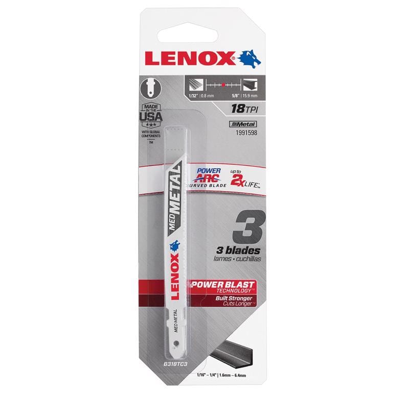 Lenox 1991598 Power Arc 3-5/8 in. Bi-Metal T-Shank Jig Saw Blade 18 TPI 3 pc