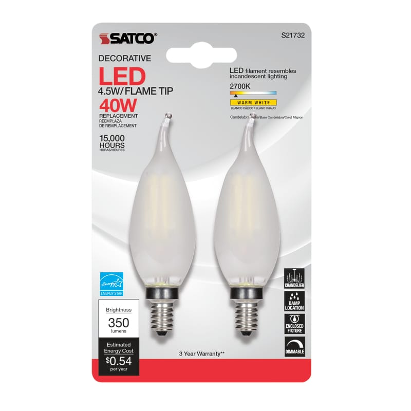 Satco S21843 CA10 (Flame Tip) E12 (Candelabra) LED Bulb Warm White 40 Watt Equivalence 2 pk
