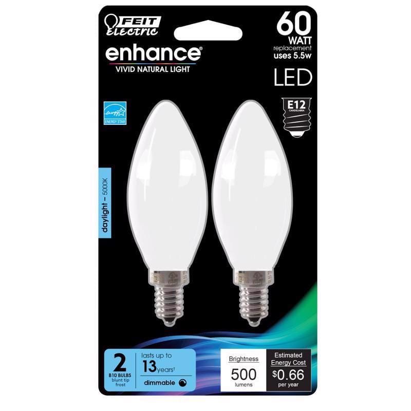 Feit BPCTF60950CAFL2 Enhance Blunt Tip E12 (Candelabra) Filament LED Bulb Daylight 60 Watt Equivalence 2 pk