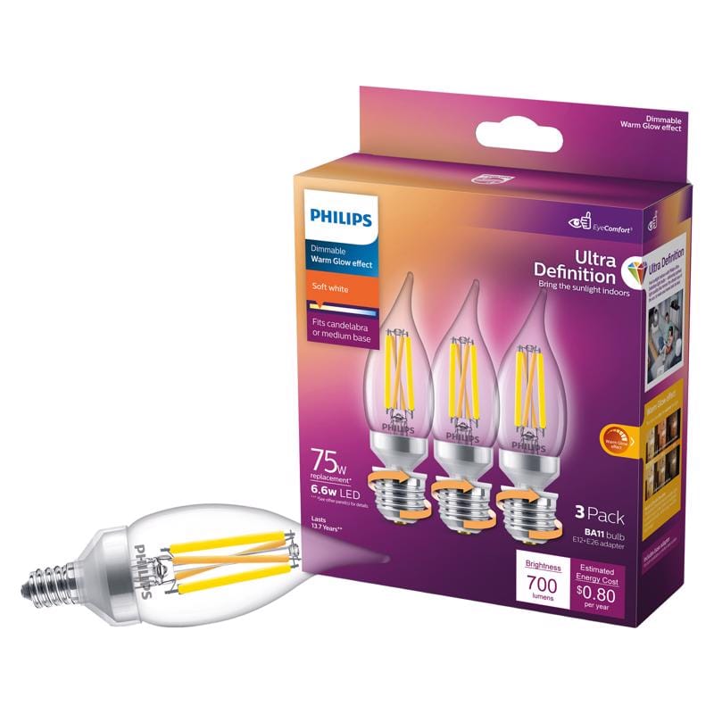 Philips 564492 BA11 E12 (Candelabra) LED Bulb Soft White 75 Watt Equivalence 3 pk
