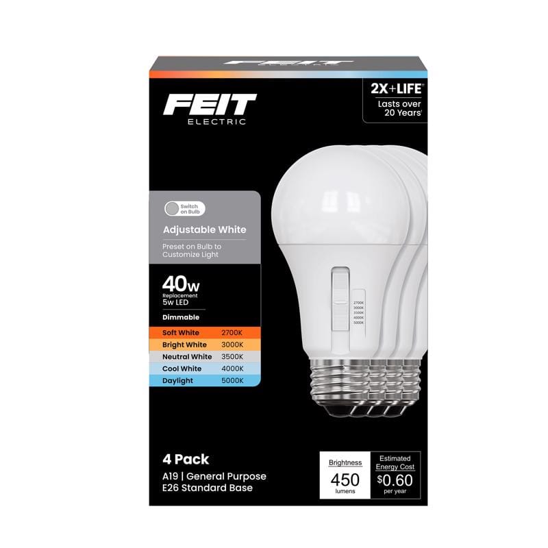 Feit OM40DM/5CCTCA/4 A19 E26 (Medium) LED Bulb Adjustable White 40 Watt Equivalence 4 pk