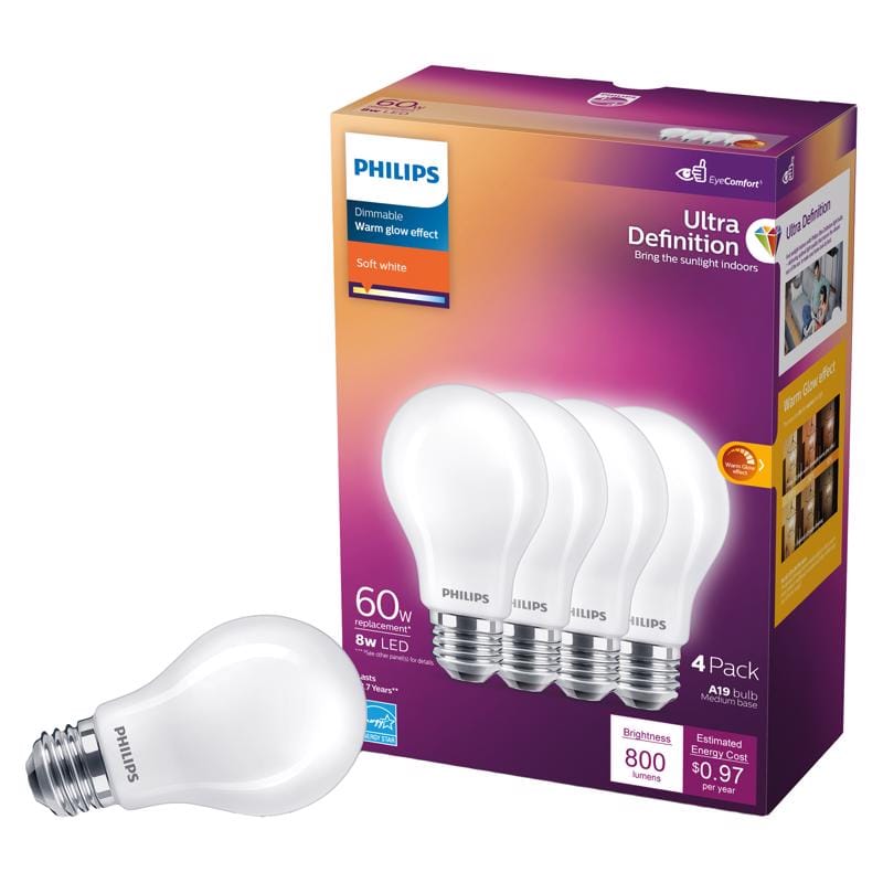 Philips 576116 Ultra Definition A19 E26 (Medium) LED Bulb Soft White 60 Watt Equivalence 4 pk
