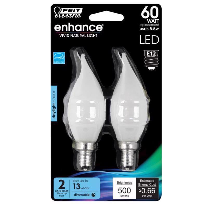Feit BPCFF60950CAFL2 Enhance CA10 (Flame Tip) E12 (Candelabra) Filament LED Bulb Daylight 60 Watt Equivalence 2 pk