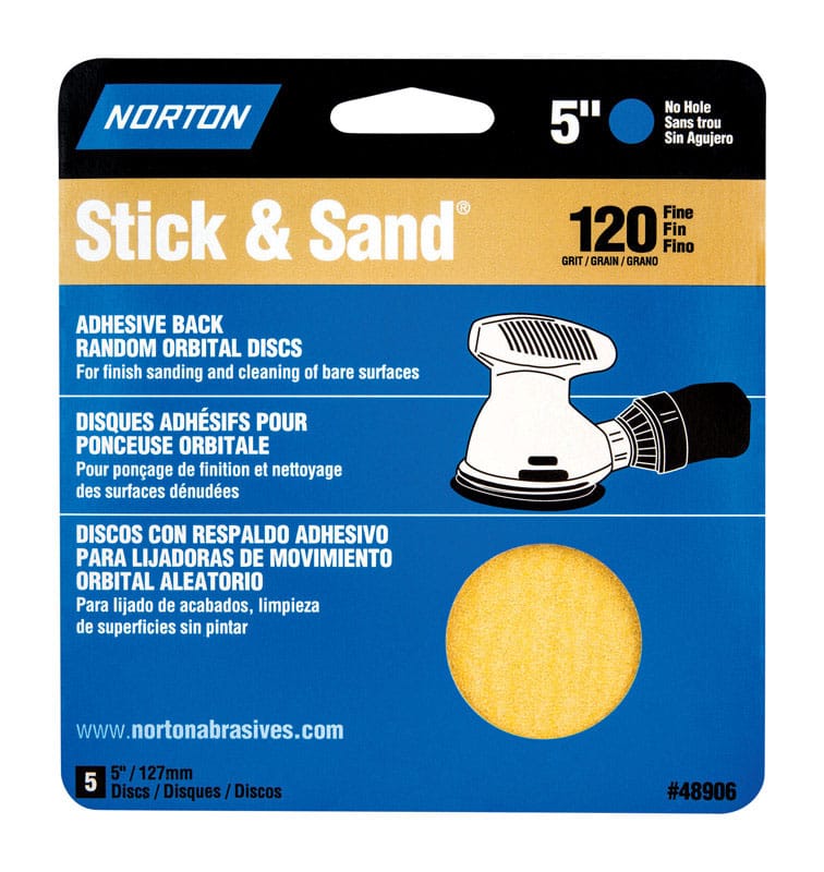 Norton 07660705454 Stick & Sand 5 in. Aluminum Oxide Adhesive A290 Sanding Disc 120 Grit Medium 5 pk