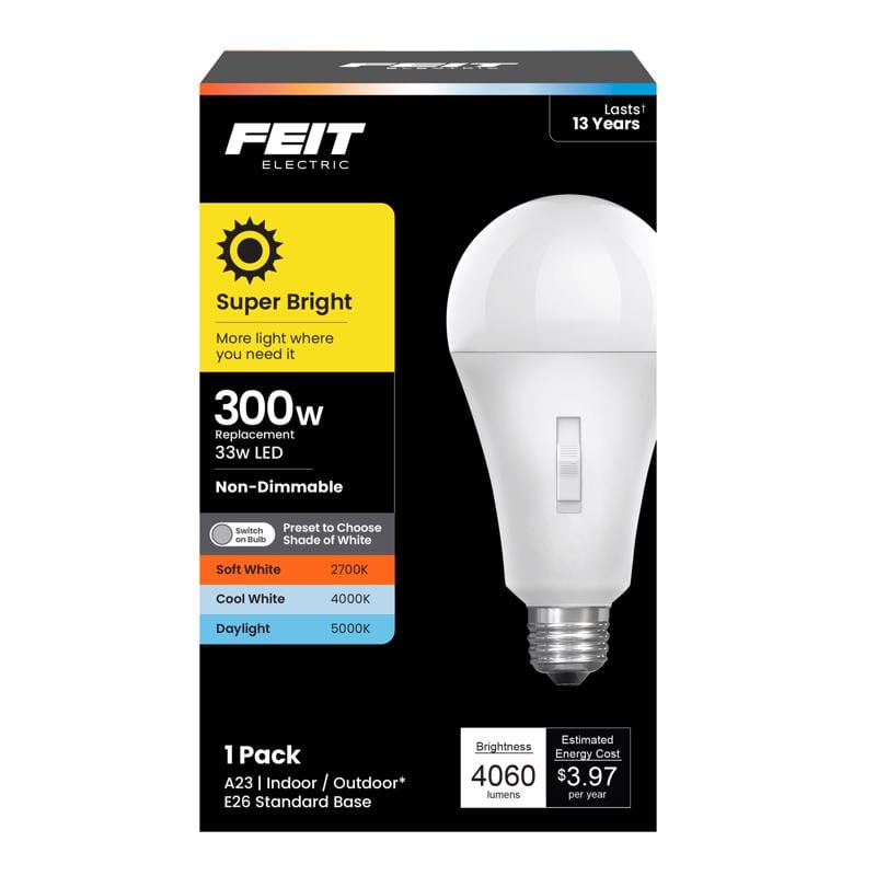 Feit OM300/3CCT/LEDI A23 E26 (Medium) LED Bulb Adjustable White 300 Watt Equivalence 1 pk
