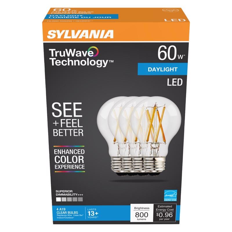 Sylvania 49827 TruWave A19 E26 (Medium) LED Bulb Daylight 60 Watt Equivalence 4 pk