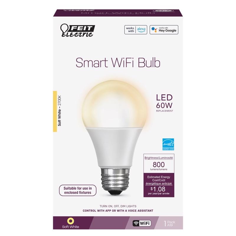 Feit OM60/927CA/AG Smart Home A19 E26 (Medium) Smart-Enabled LED Bulb Soft White 60 Watt Equivalence 1 pk