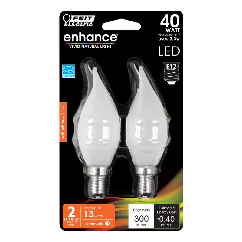 Feit BPCFF40927CAF2R CA10 (Flame Tip) E12 (Candelabra) LED Bulb Soft White 40 Watt Equivalence 2 pk